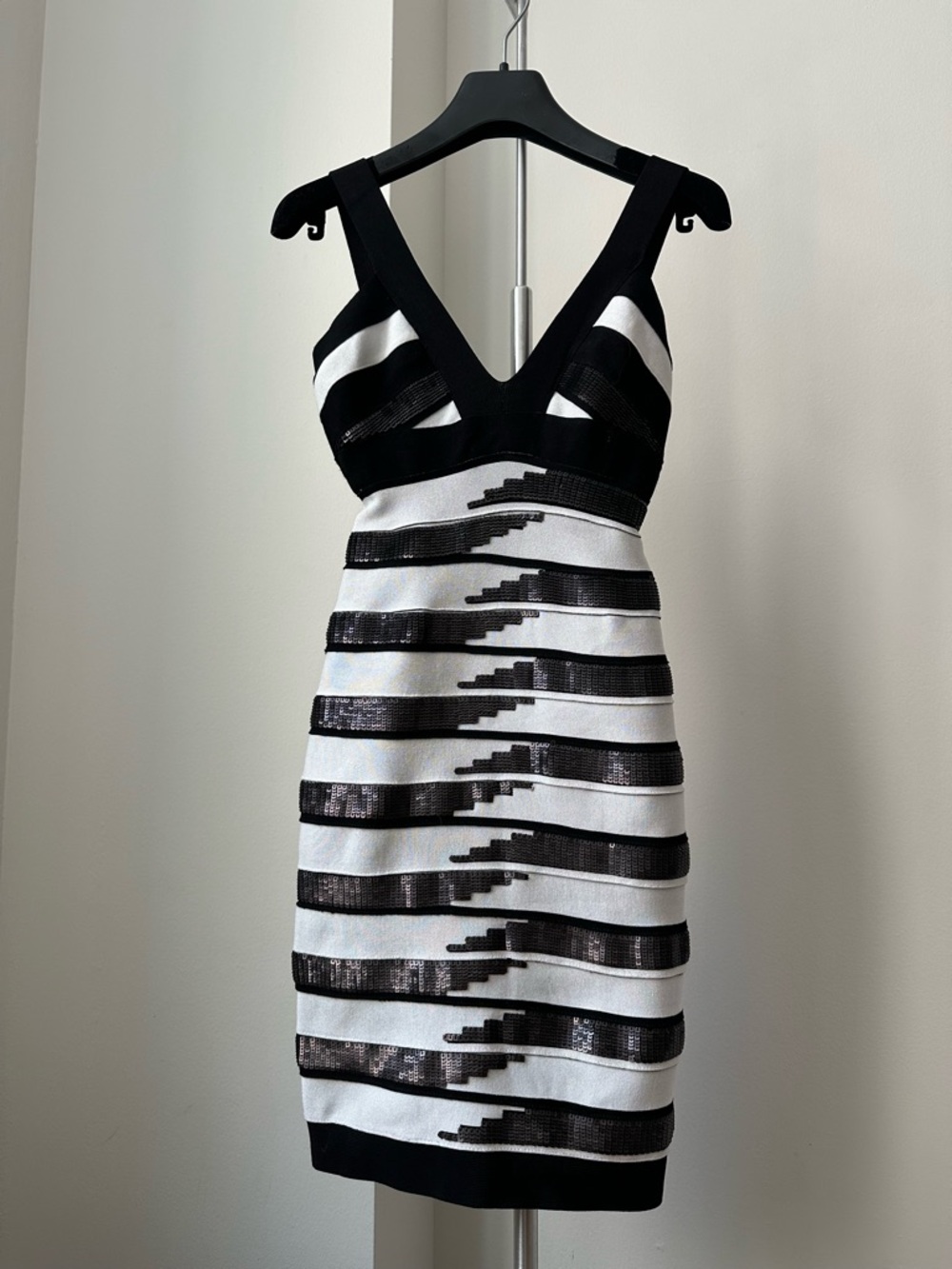 Herve Leger Black and White Striped V-Neck Bandage  Sequence Mini Dress